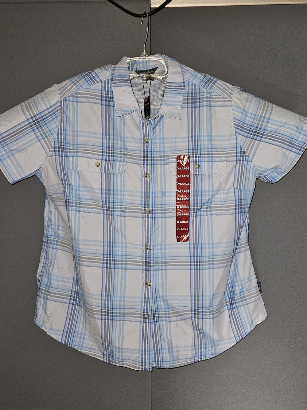 New Womens Eddie Bauer Light Blue and White Plaid Short Sleeve Button-Down